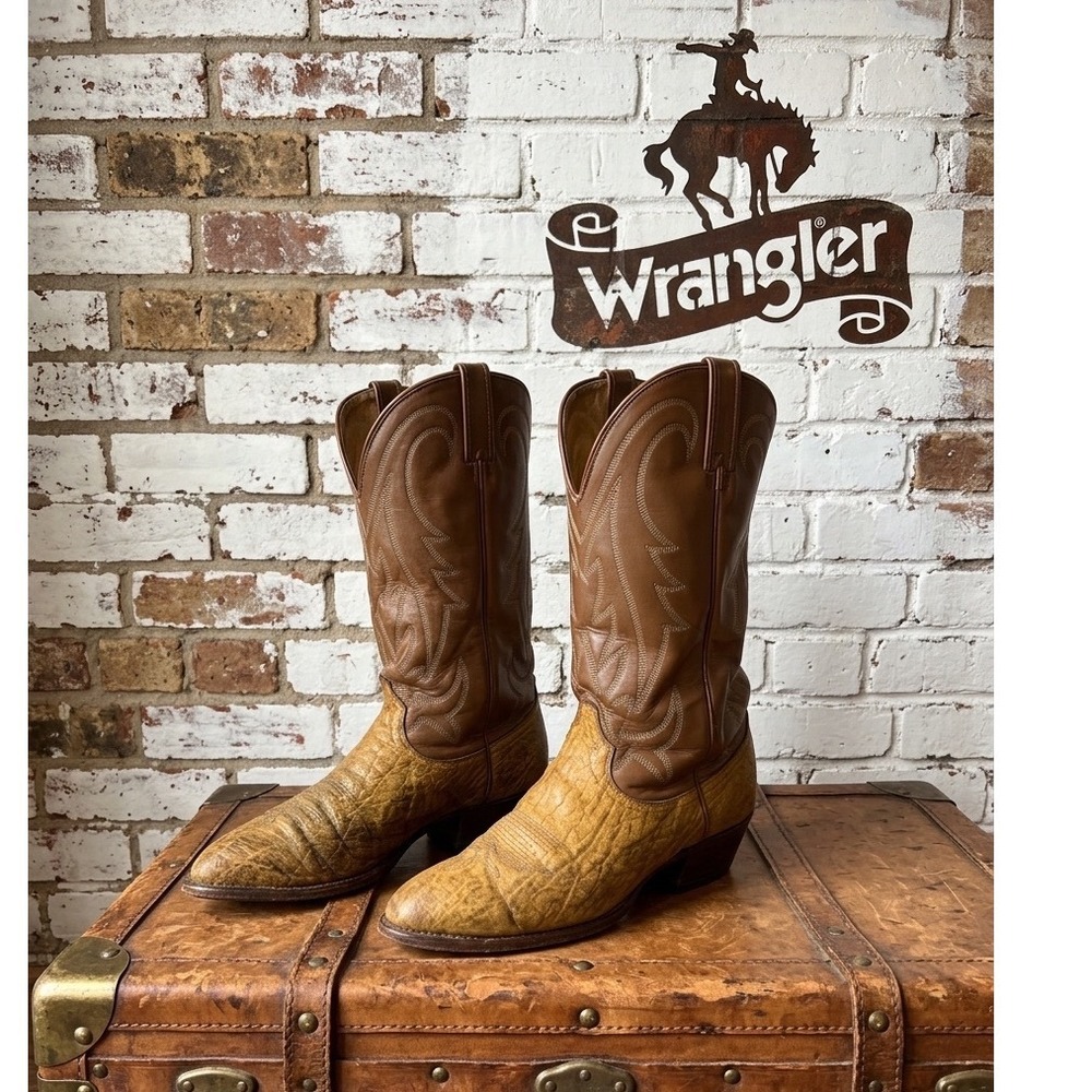Wrangler Mens Vintage Western Cowboy Boots Brown Textured Leather Stitched 11 B